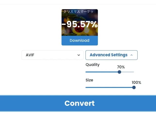 画像圧縮ツールで、AVIF形式・画質70%に設定し「-95.57%」の圧縮結果を表示した画面