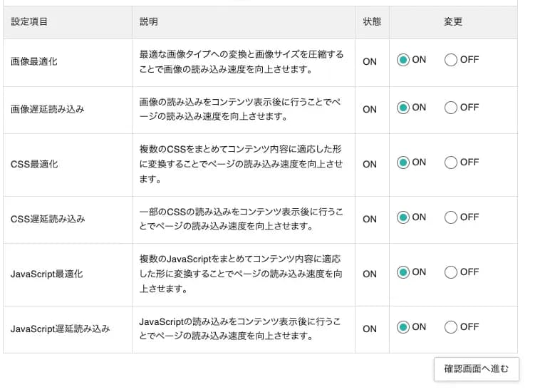 XPageSpeedの設定画面で、すべての項目をONにした状態のスクリーンショット