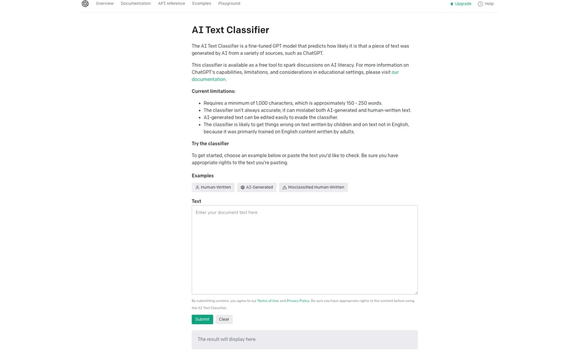 OpenAIのAI Text Classifierの画面