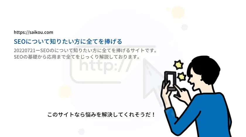 「SEOについて知りたい方に全てを捧げる」というサイトの検索結果をスマートフォンで見て「このサイトなら悩みを解決してくれそうだ！」と話すイラスト