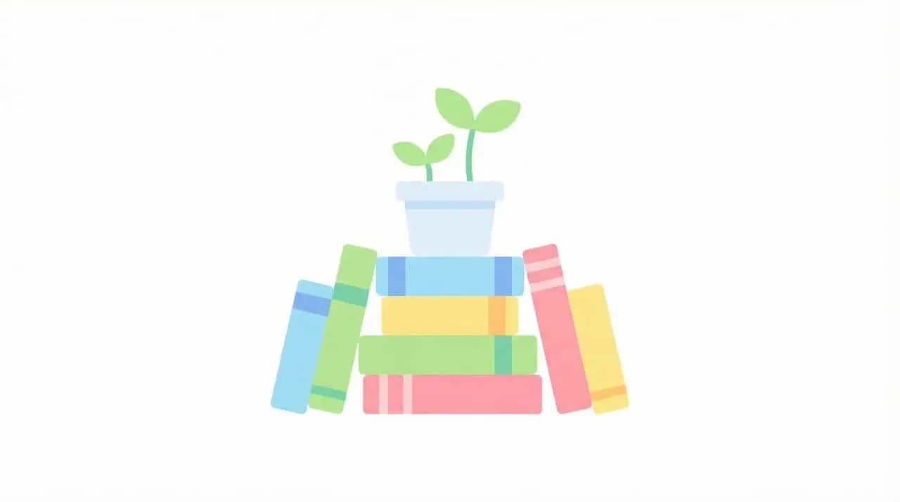 植物の鉢植えと積み重なった本のイラスト