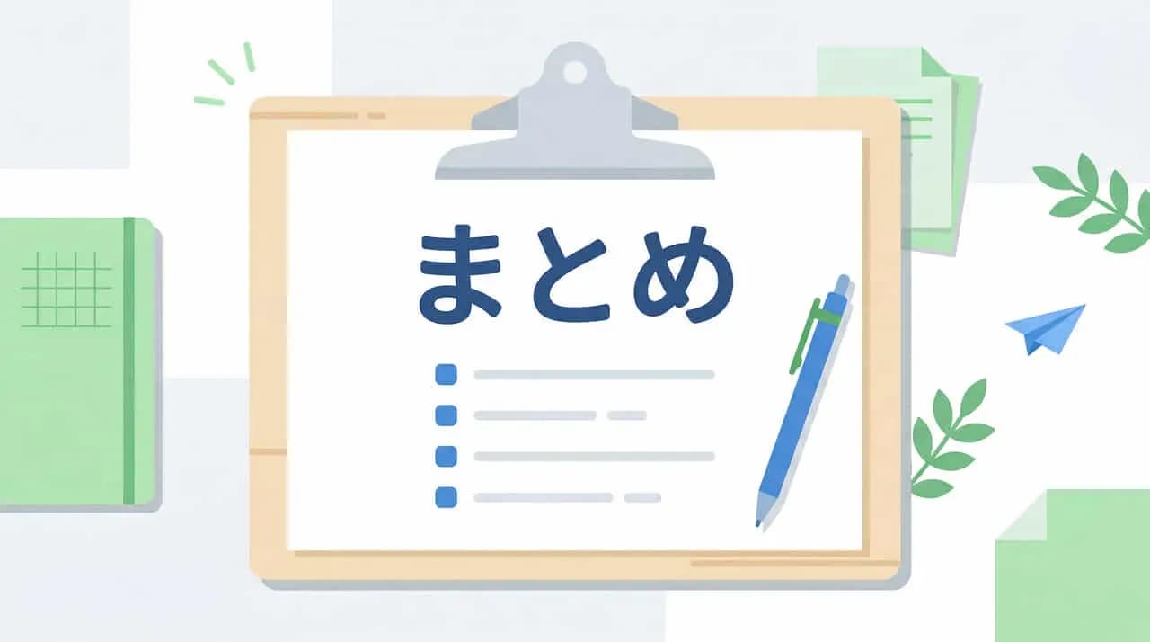 クリップボードに「まとめ」と書かれ、リスト項目と鉛筆が添えられたイラスト