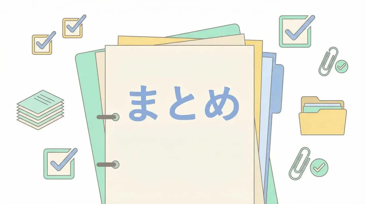 「まとめ」と書かれた冊子とチェックマーク付き用紙のイラスト