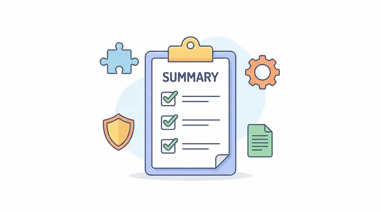 チェック項目付きの「SUMMARY」クリップボードと、パズル・盾・歯車のイラスト