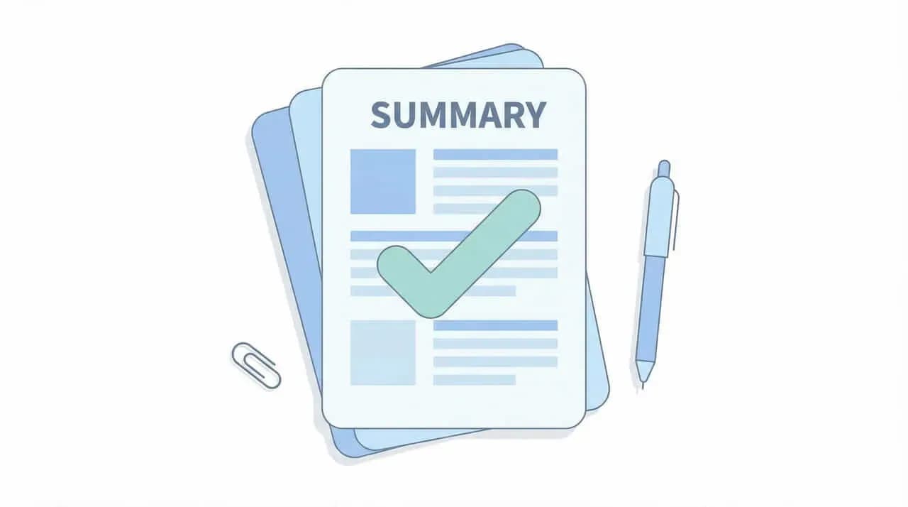 重なった「SUMMARY」の用紙とペン、大きなチェックマークのイラスト
