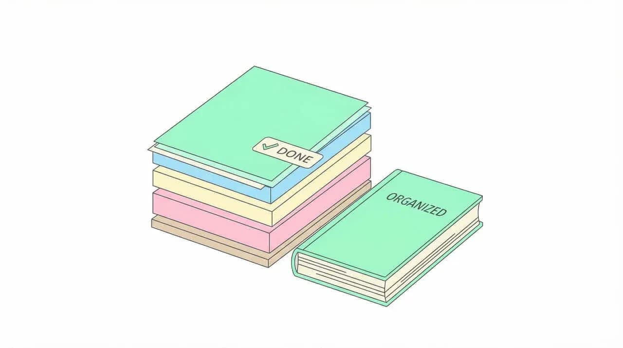 「DONE」「ORGANIZED」と書かれた重なった本のイラスト