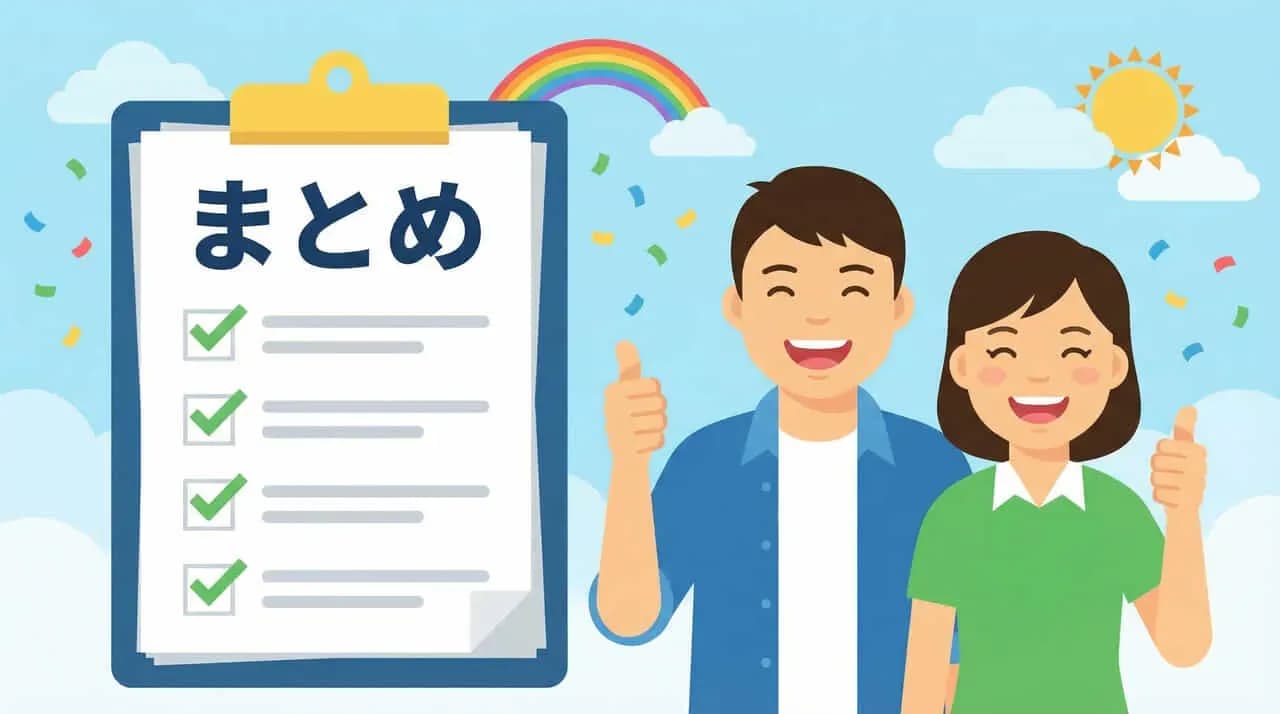 「まとめ」のチェックリストと、親指を立てる男女のイラスト