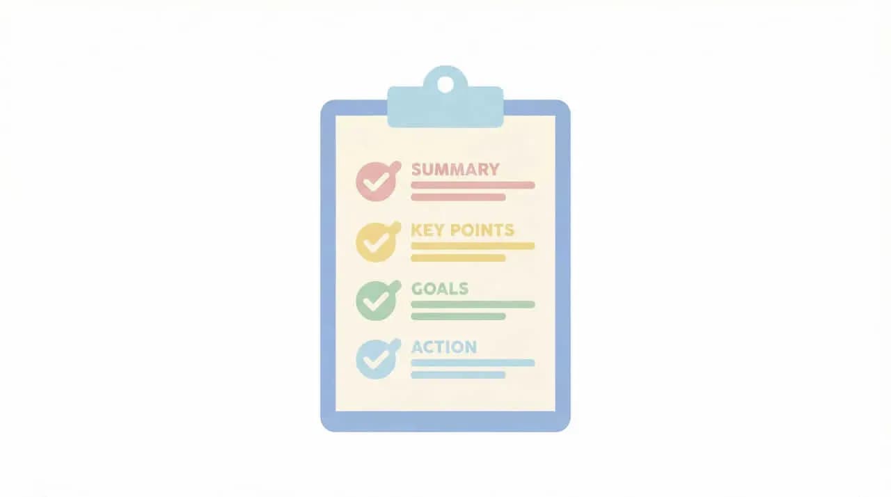 「SUMMARY」「KEY POINTS」「GOALS」「ACTION」のチェックリストが書かれたクリップボードのイラスト