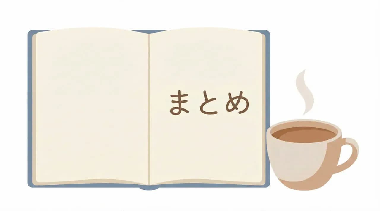 見開きの本に「まとめ」と書かれ、コーヒーカップが添えられたイラスト