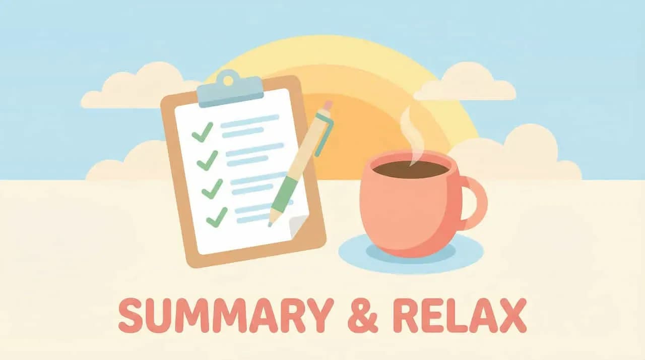 チェック済みリストとコーヒーカップ、朝日を背景にした「SUMMARY & RELAX」の文字のイラスト