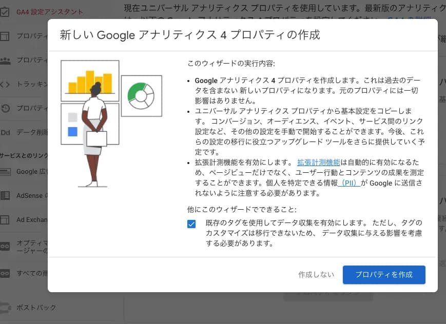 Googleアナリティクスの「新しいGoogleアナリティクス4プロパティの作成」の確認ダイアログ画面