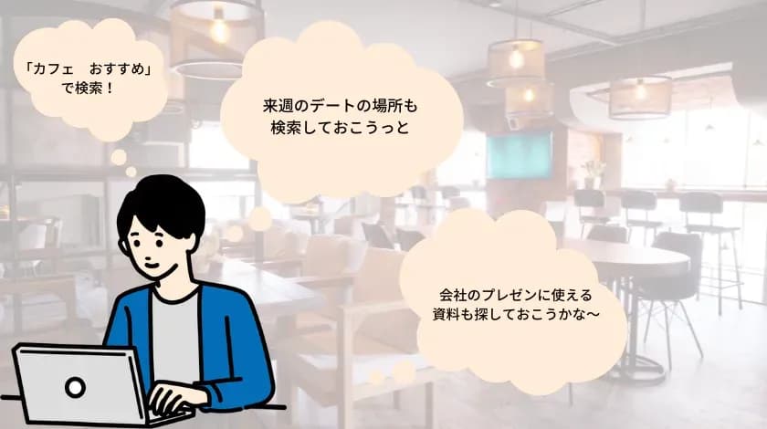 ノートパソコンを操作する人物が「カフェ　おすすめ」で検索、来週のデート場所やプレゼン資料を検索しようと考えているイラスト