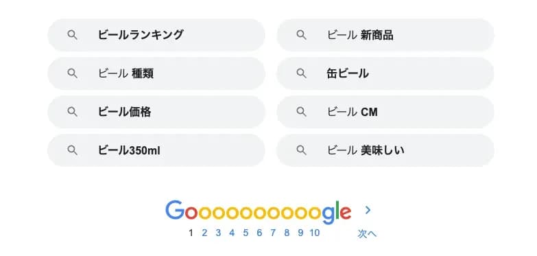 Googleの検索結果画面下部に「ビールランキング」等のサジェストが一覧表示された画面