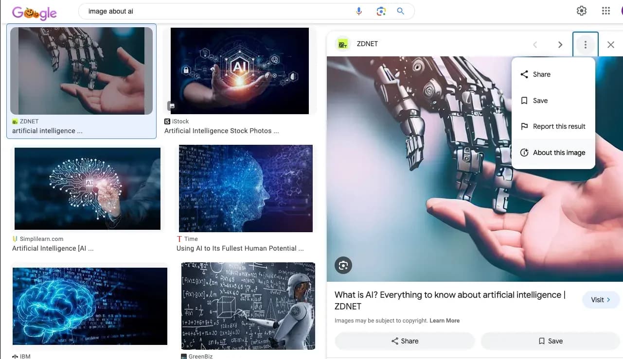 Google画像検索の結果から「この画像について」を開く画面