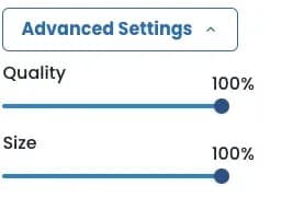 画像圧縮ツールの「Advanced Settings」で、QualityとSizeを100%に設定した画面