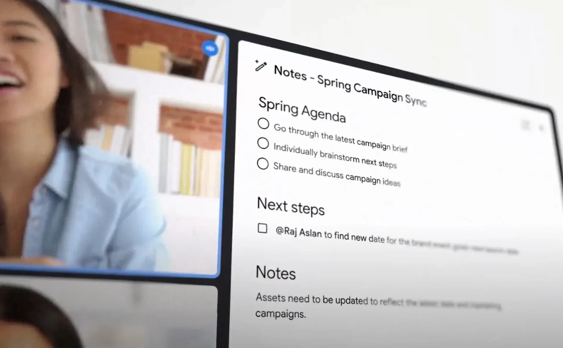 Google Meetで会議のメモを自動で作成する画面