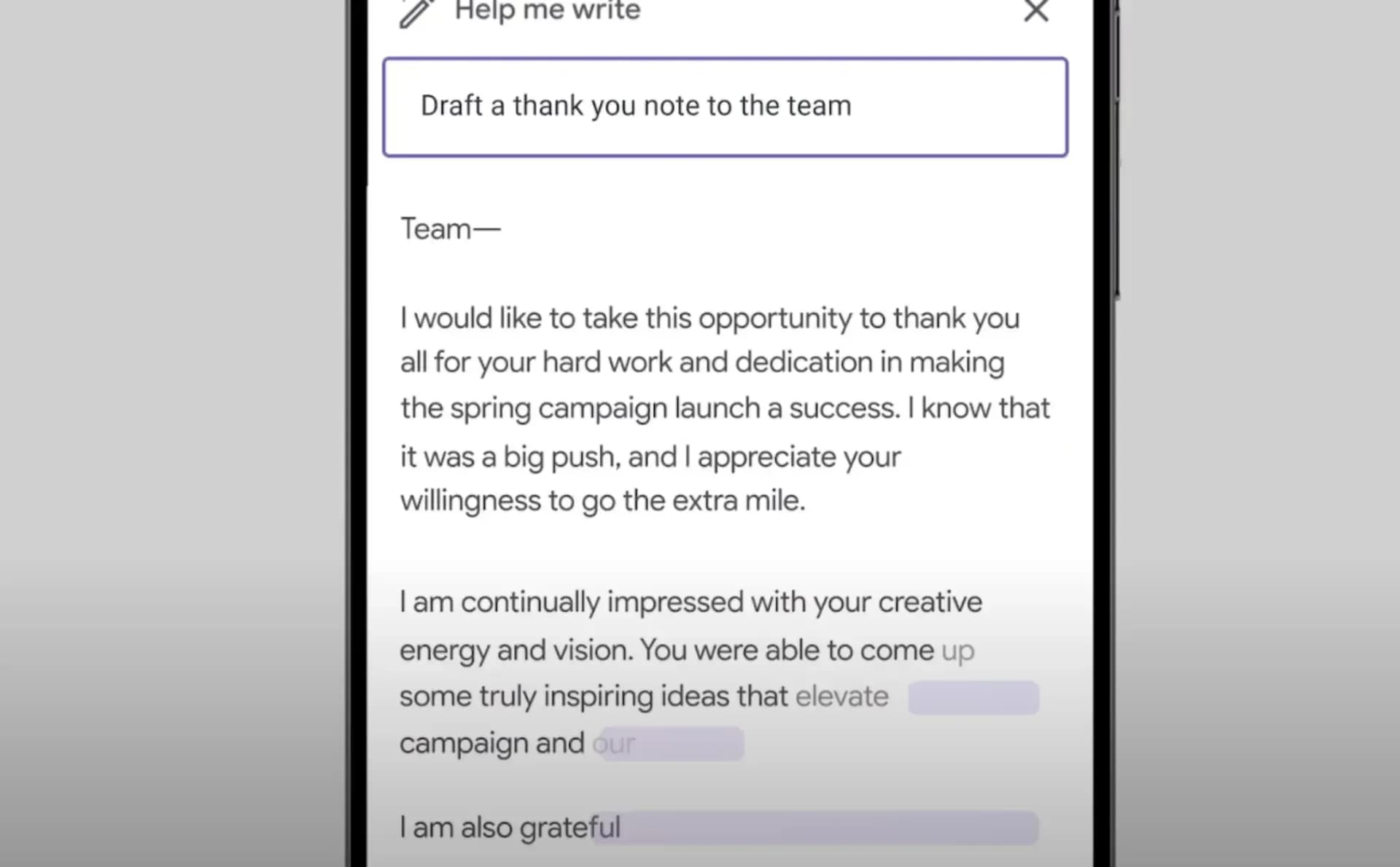 Gmailの「Help me write」でお礼のメッセージを作成する画面