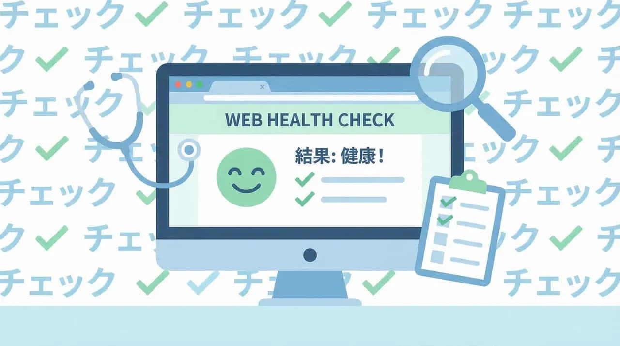 「WEB HEALTH CHECK」画面に笑顔のマークと「結果：健康！」の文字、チェックリストと聴診器を添えたイラスト