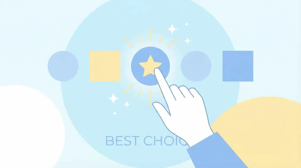 複数の図形の中から星を指で選ぶ「BEST CHOICE」の文字を添えたイラスト