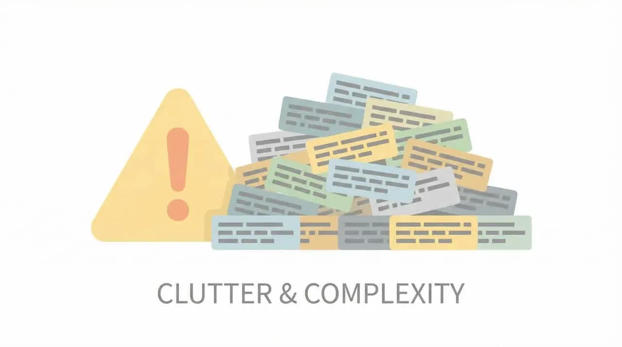 警告マークとタグの山、「CLUTTER & COMPLEXITY」の文字のイラスト