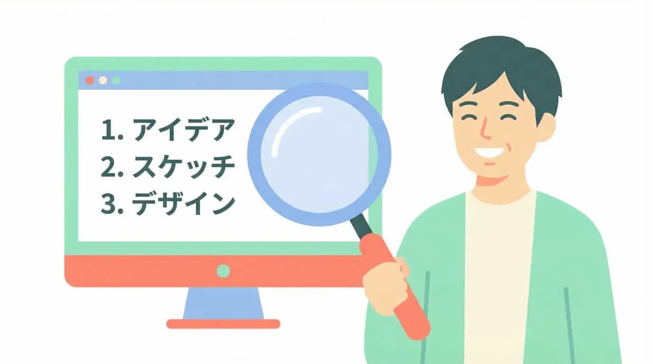 「1. アイデア 2. スケッチ 3. デザイン」と表示されたモニター画面を虫眼鏡で確認する男性のイラスト