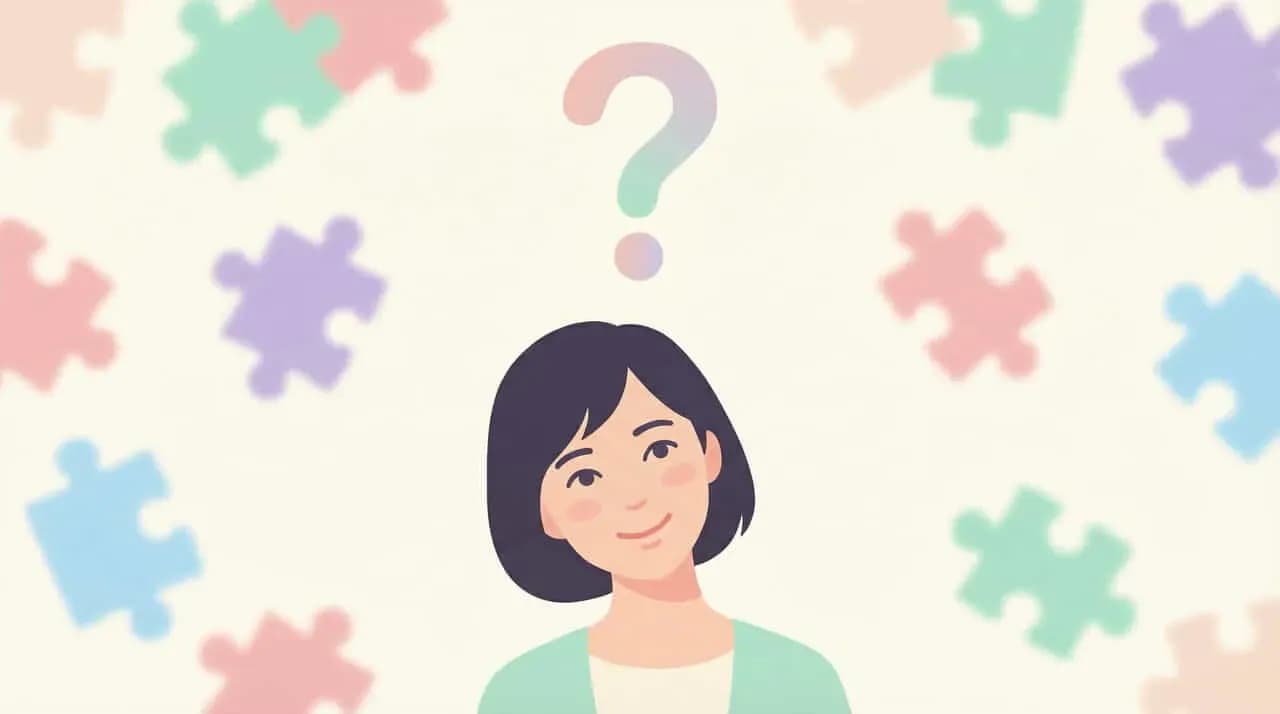 パズルピースとクエスチョンマークに囲まれた女性のイラスト