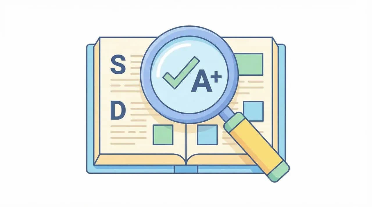 開いた本に書かれた「S」「D」の文字と、チェックマークと「A+」を映す虫眼鏡のイラスト