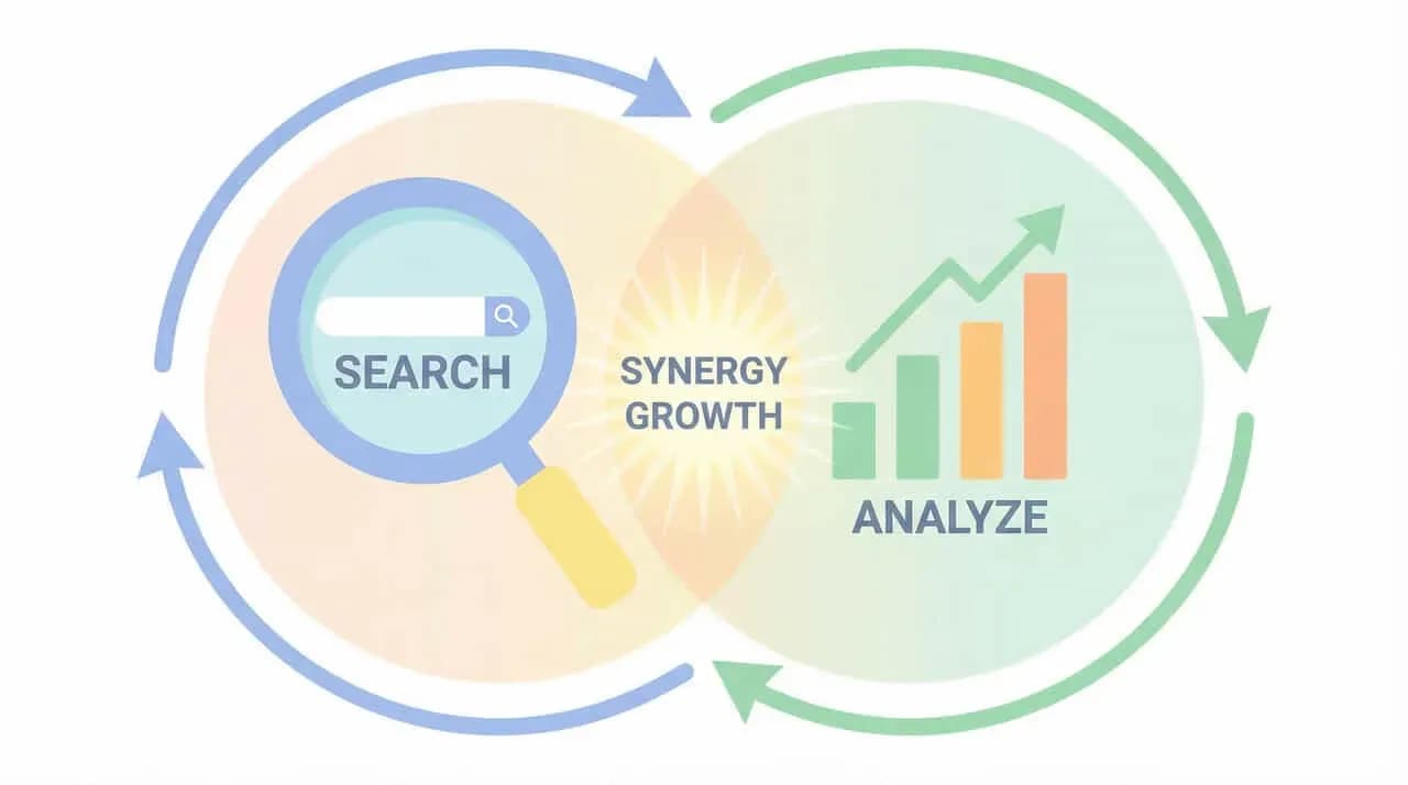 「SEARCH」と「ANALYZE」の円が重なり合い、中央に「SYNERGY GROWTH」と表示された図