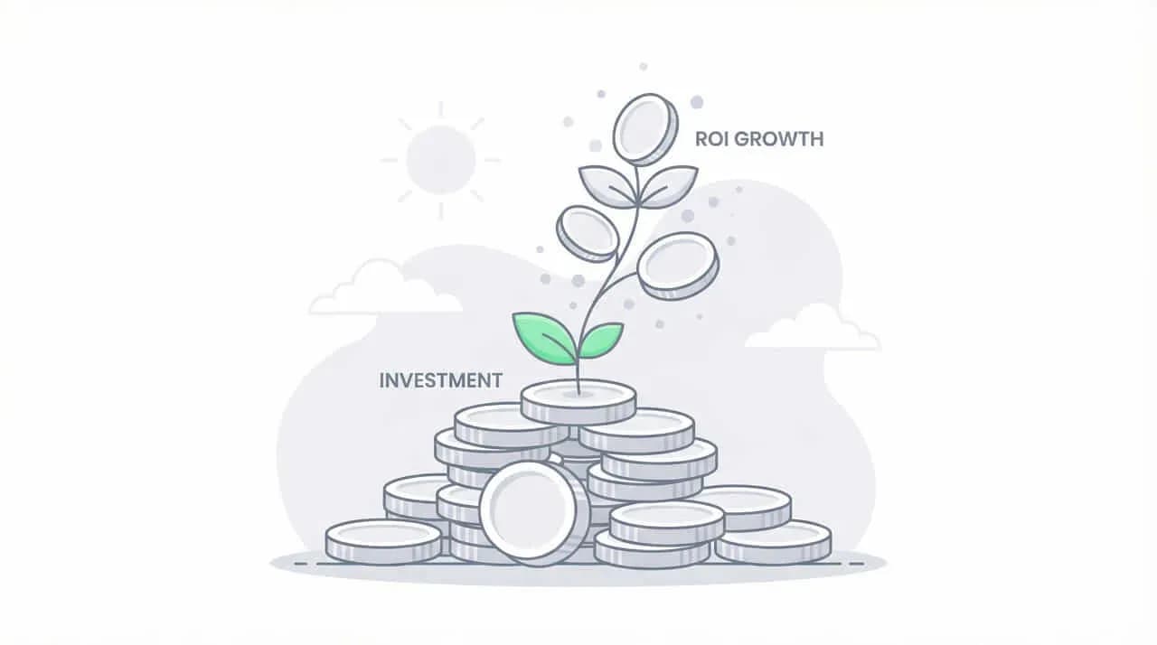 コインの山から伸びる芽に「ROI GROWTH」のコインが実り、「INVESTMENT」の文字を添えたイラスト