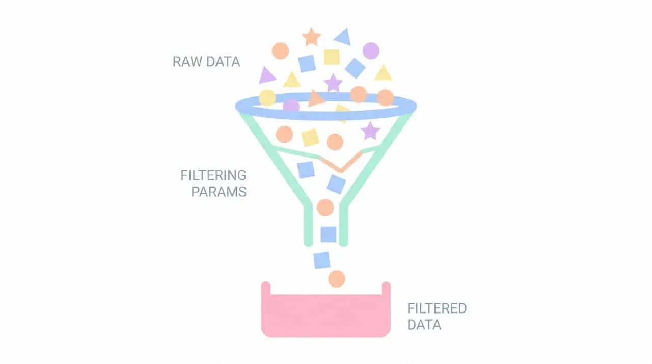 「RAW DATA」がじょうごの「FILTERING PARAMS」で絞り込まれ「FILTERED DATA」になる様子を示した図