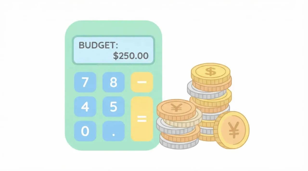 「BUDGET: $250.00」と表示された電卓と硬貨の山のイラスト