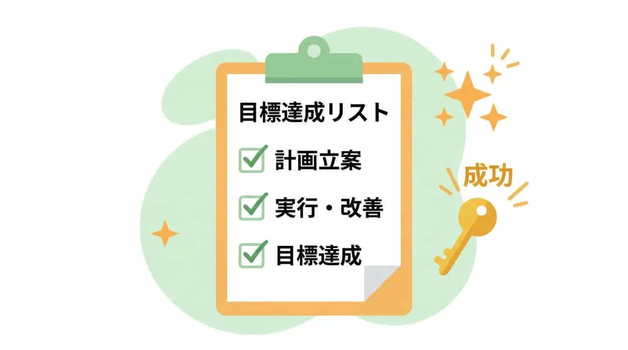 「目標達成リスト」に「計画立案」「実行・改善」「目標達成」のチェック項目と「成功」の鍵を配した図