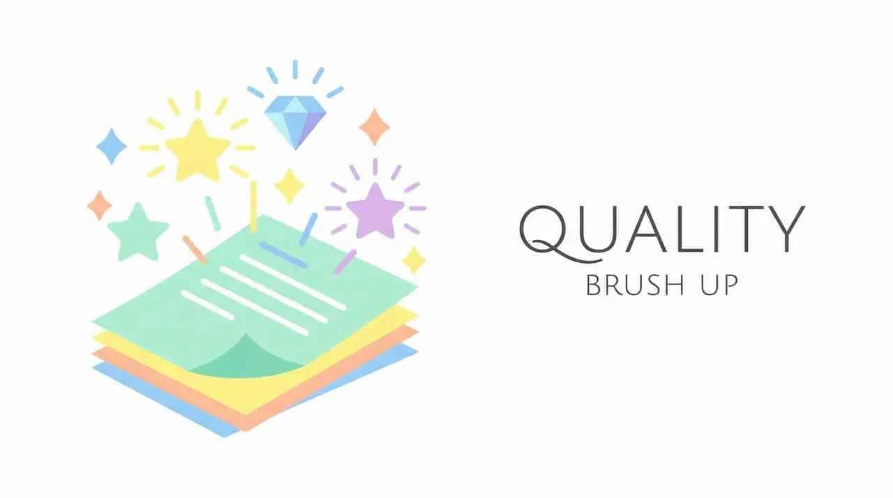 星やダイヤの装飾が付いた重なる用紙と「QUALITY BRUSH UP」の文字