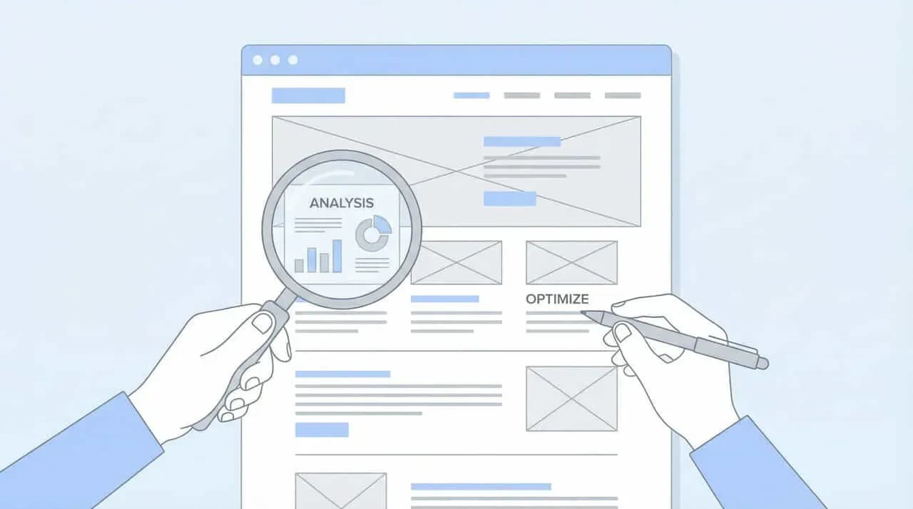 ウェブページを虫眼鏡で「ANALYSIS」し、ペンで「OPTIMIZE」と書き込む手のイラスト