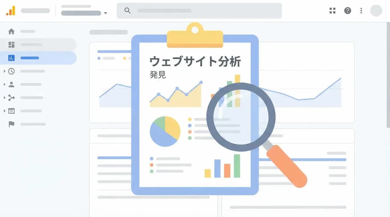 分析ツール画面で「ウェブサイト分析」のグラフとレポートを虫眼鏡で確認するイラスト