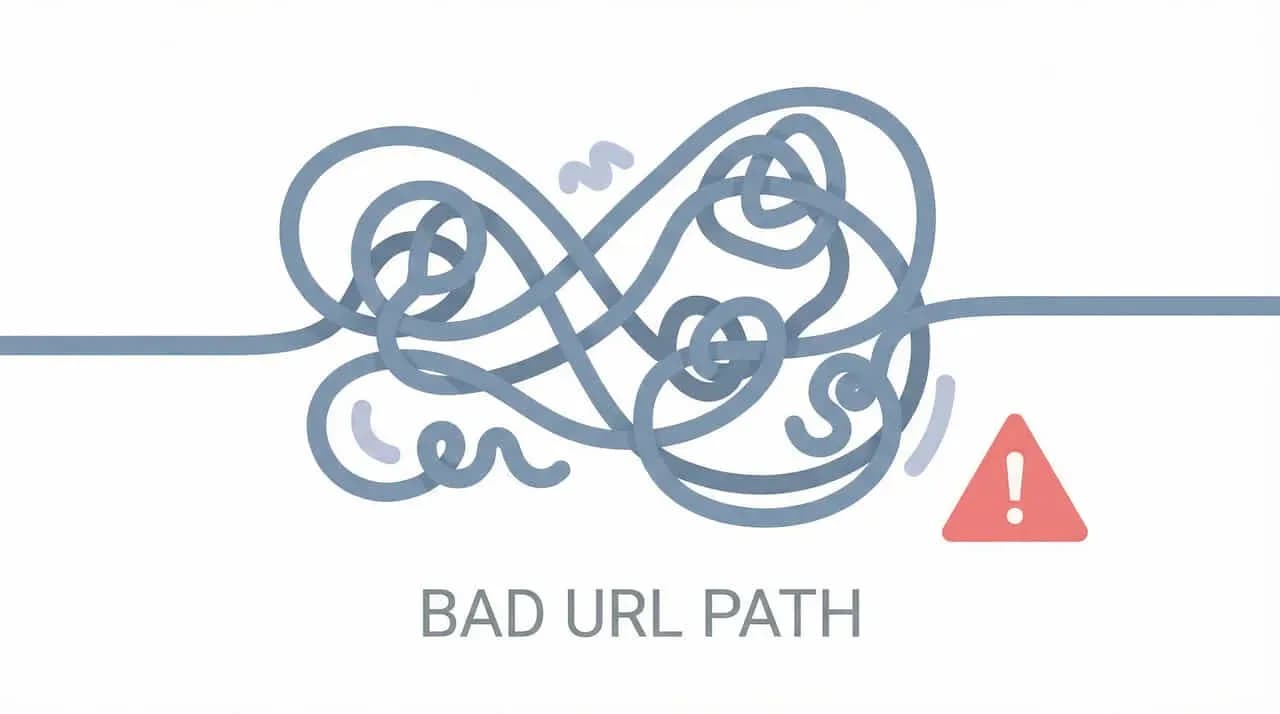 絡まった線と警告マークに「BAD URL PATH」の文字を添えたイラスト