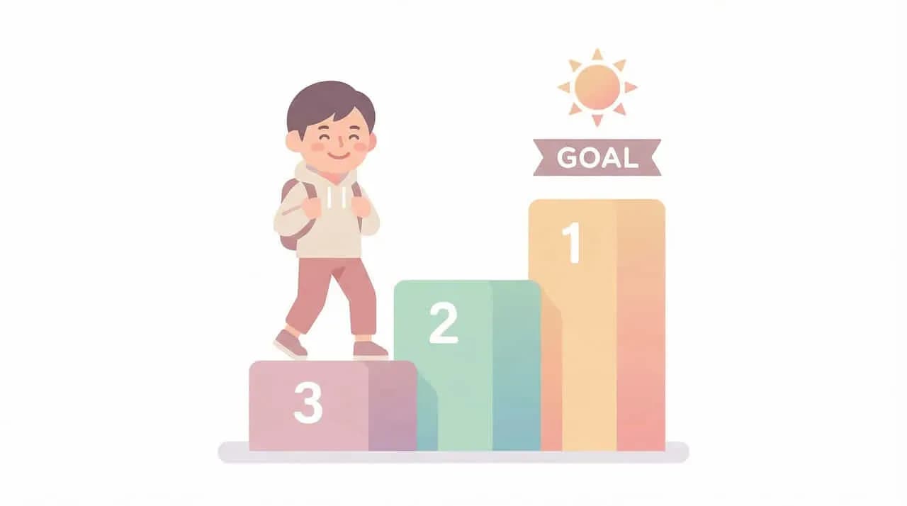 表彰台の1〜3位を上り「GOAL」を目指す男の子のイラスト