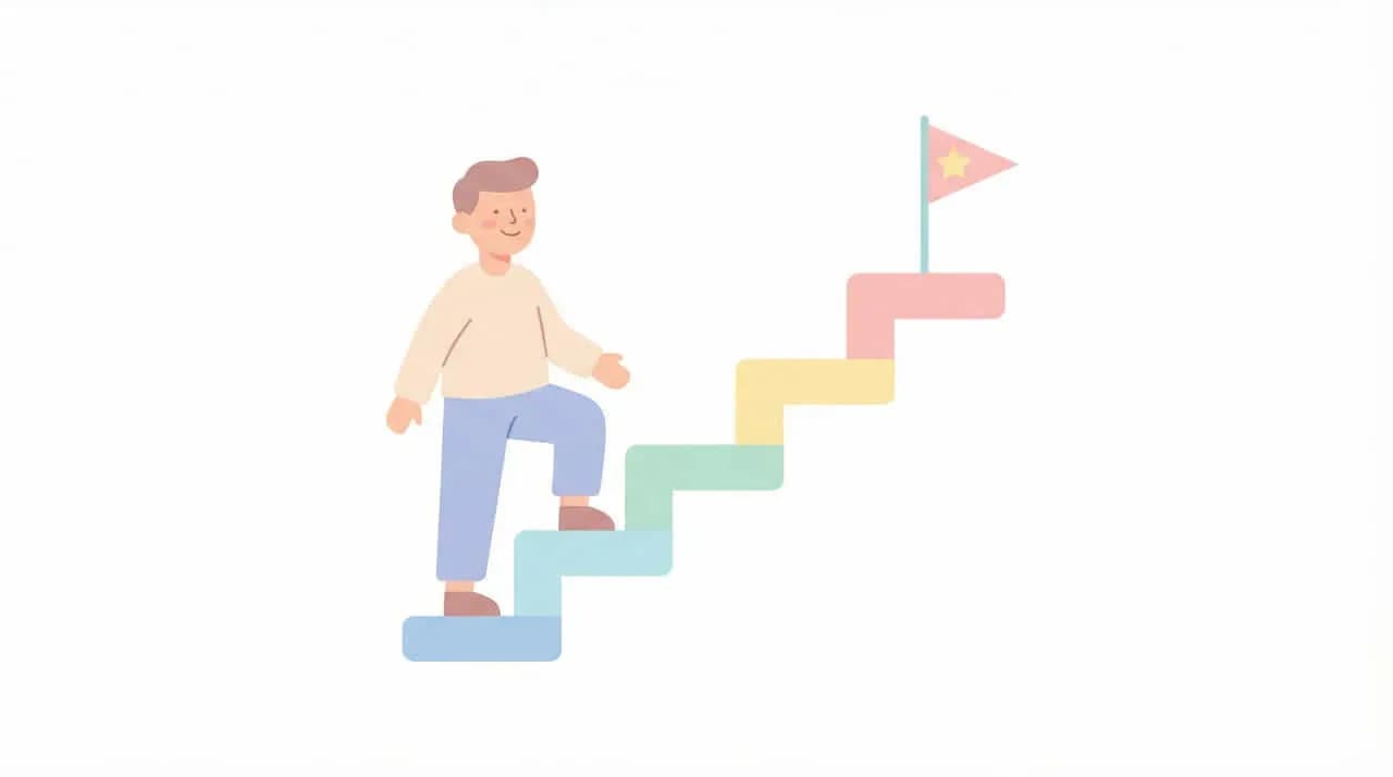 階段を上って旗の立つゴールを目指す人物のイラスト