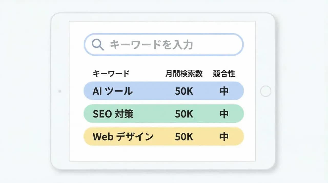 タブレット画面に表示されたキーワード検索結果の一覧表（月間検索数・競合性）のイラスト
