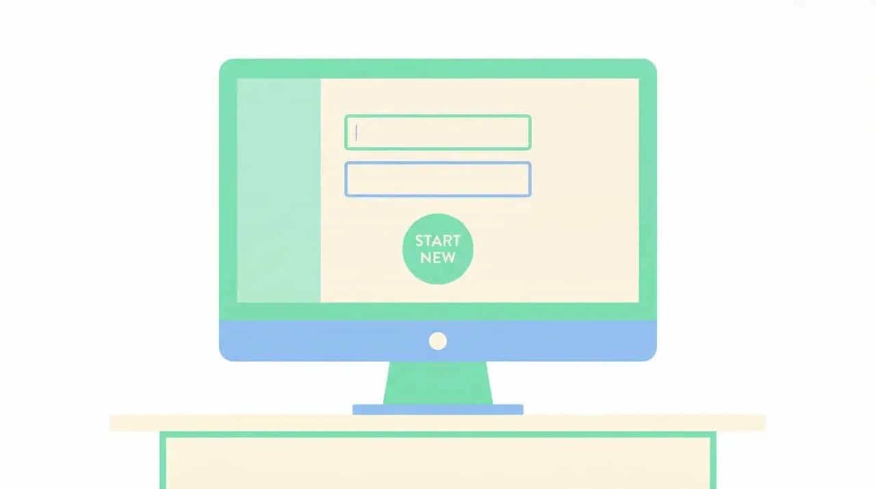 入力フォームと「START NEW」ボタンが表示されたモニター画面のイラスト