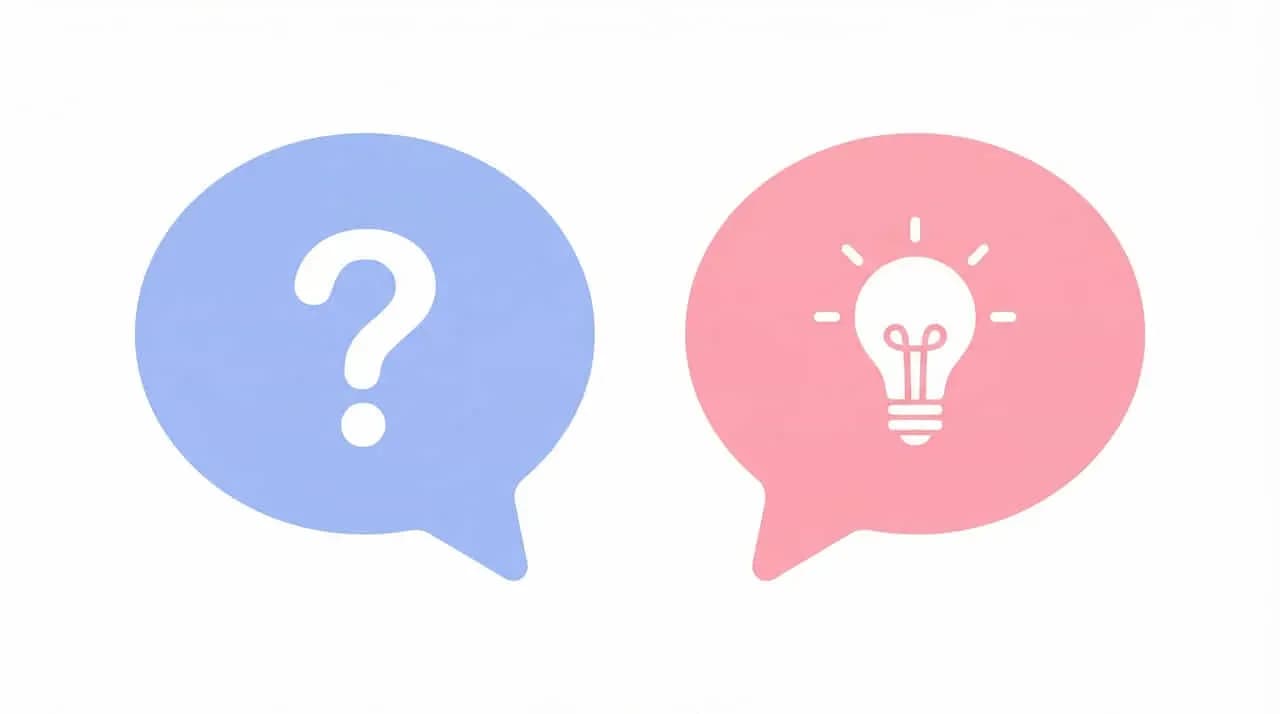 「?」マークと電球マークの吹き出しを並べたイラスト