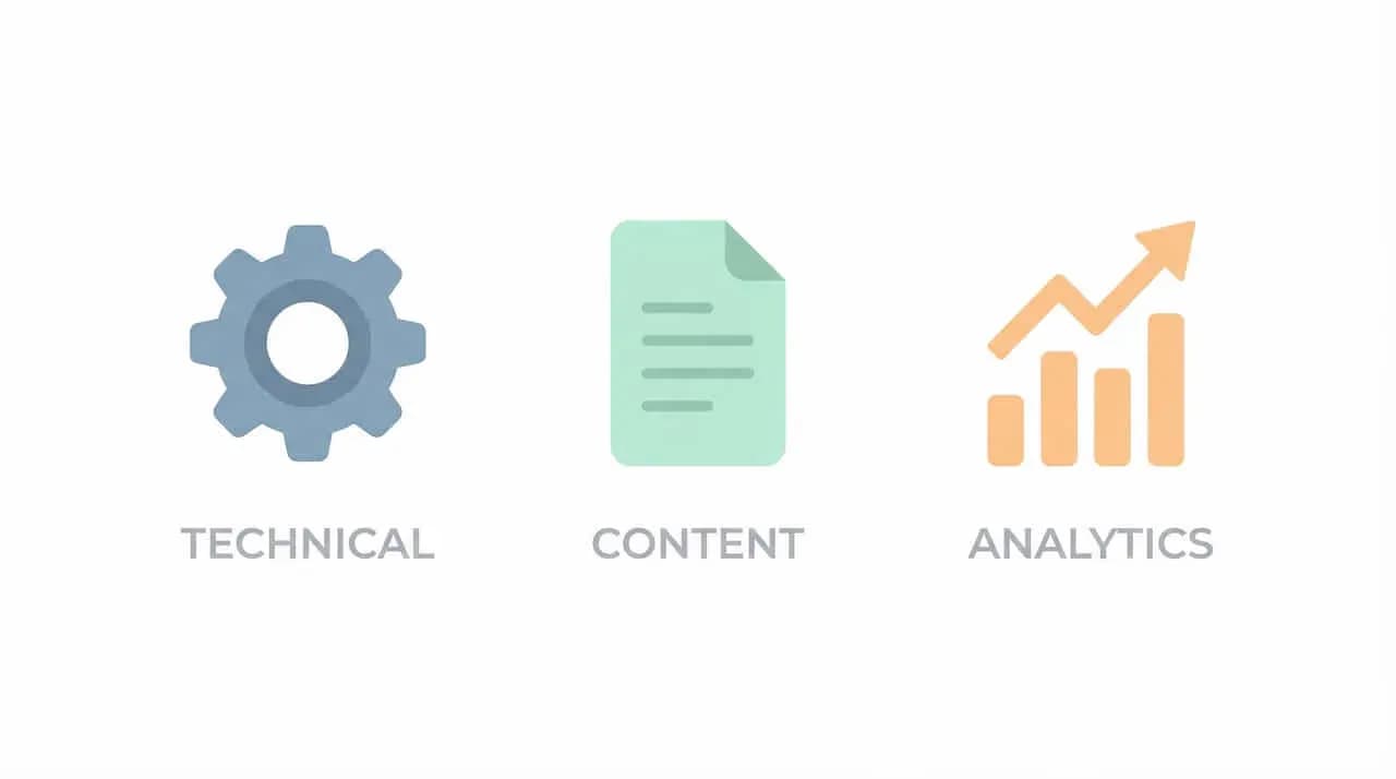 「TECHNICAL」の歯車、「CONTENT」の文書、「ANALYTICS」の上昇グラフの3アイコン