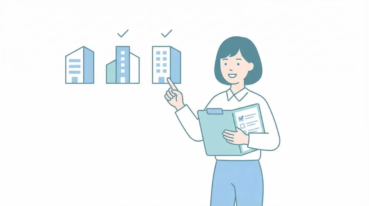 3つのビルにチェックマークを付けて指さす、クリップボードを持つ女性のイラスト
