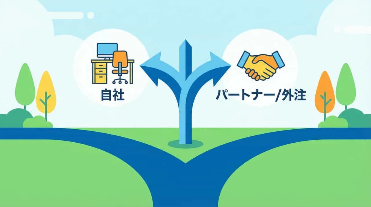 「自社」と「パートナー/外注」に分かれる道のイラスト