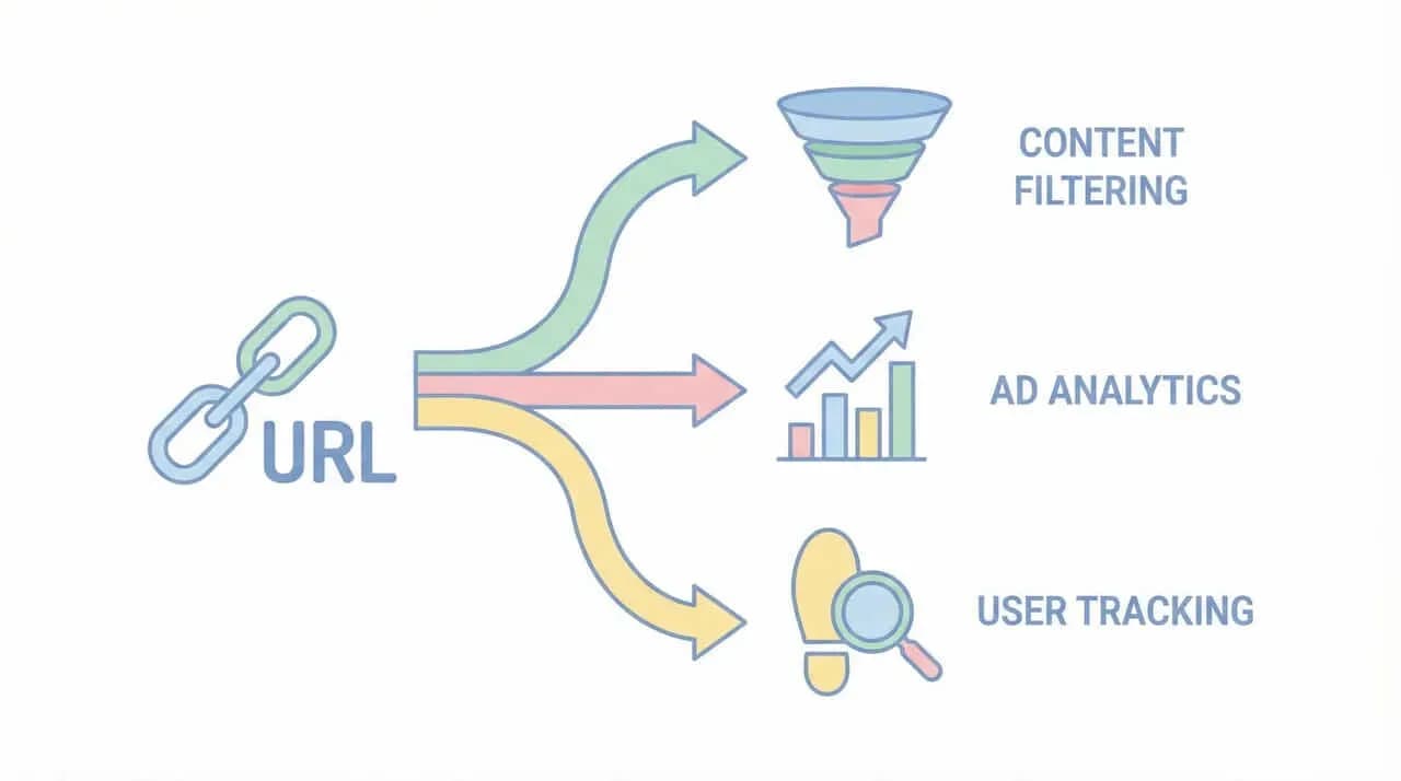 「URL」から「CONTENT FILTERING」「AD ANALYTICS」「USER TRACKING」へ矢印が伸びる図