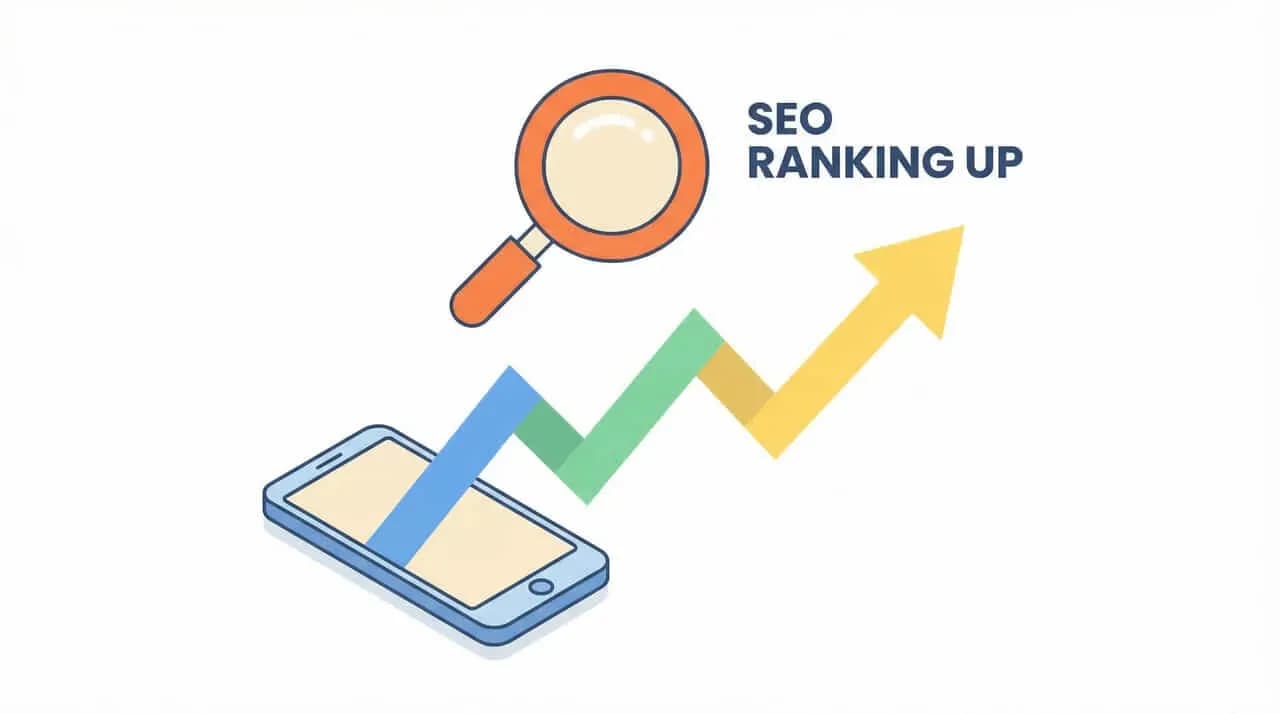 「SEO RANKING UP」の文字とスマートフォンから伸びる上昇矢印、虫眼鏡を配したイラスト