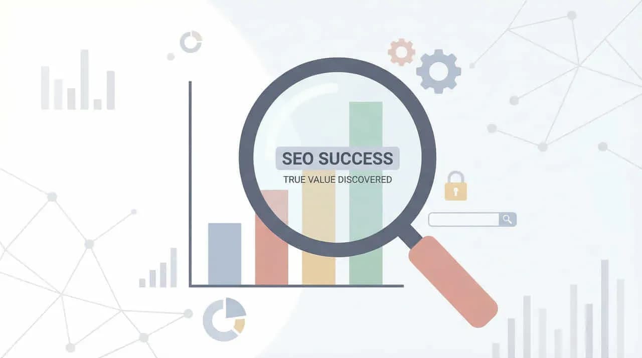 棒グラフを虫眼鏡で確認する「SEO SUCCESS TRUE VALUE DISCOVERED」の文字が入ったイラスト