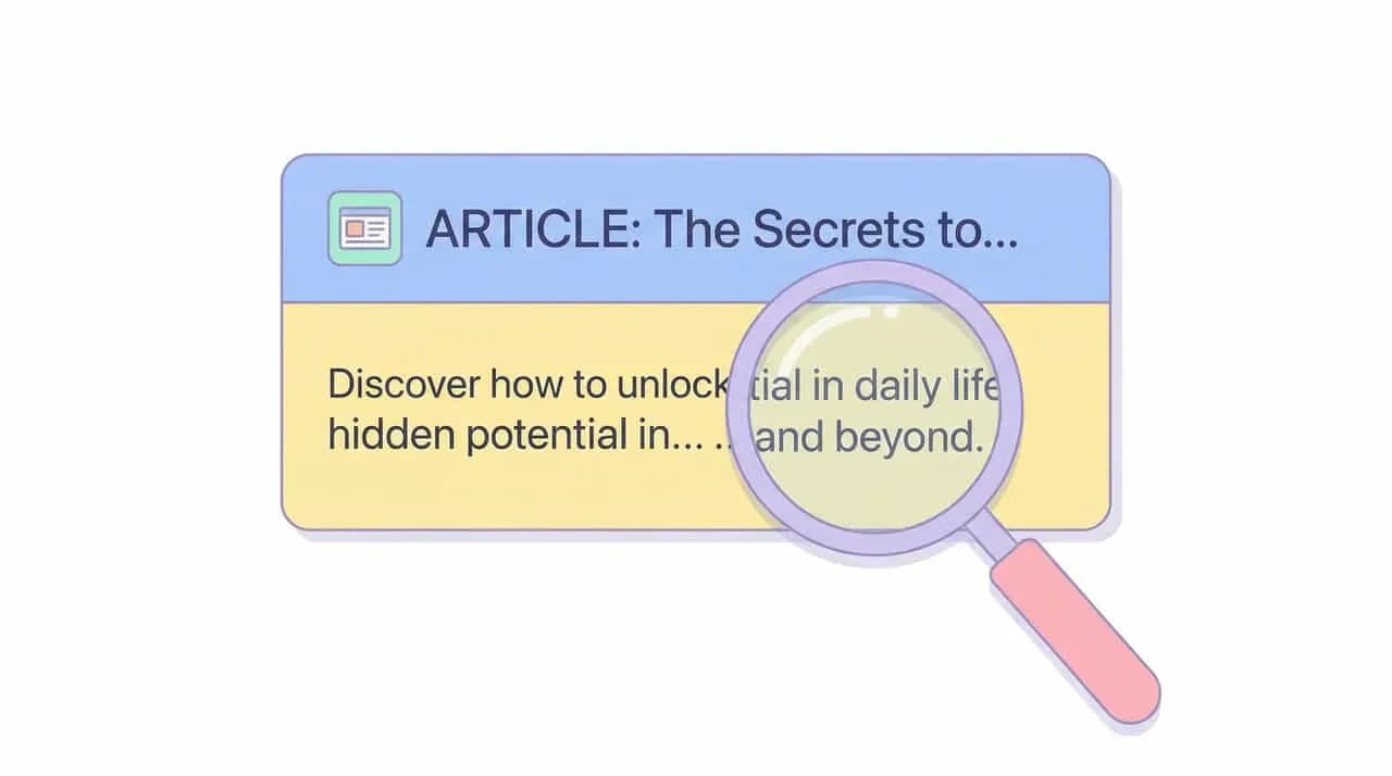「ARTICLE: The Secrets to...」の記事カードの説明文を虫眼鏡で確認するイラスト