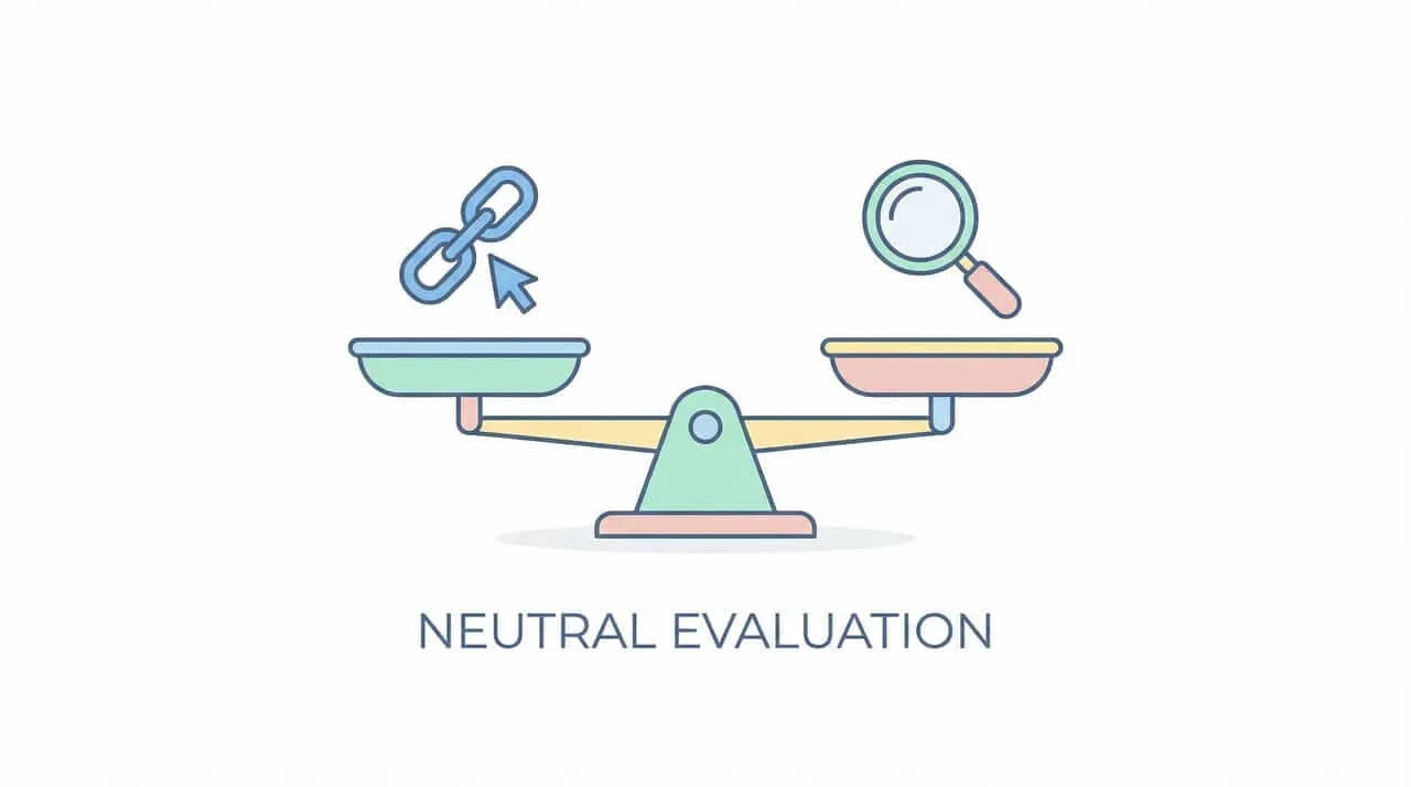 天秤の片方にリンクアイコン、もう片方に虫眼鏡を乗せ「NEUTRAL EVALUATION」の文字を添えた図