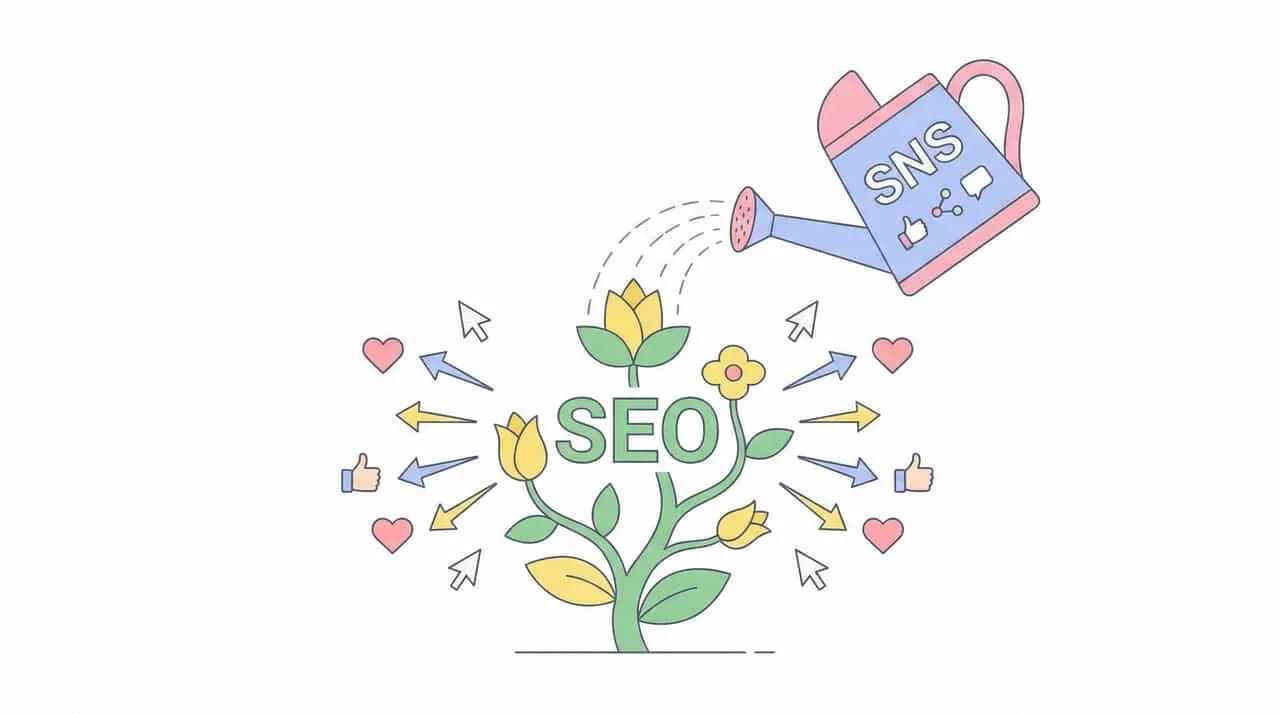 じょうろから「SNS」の水が「SEO」の文字を含む植物に注がれ、いいねやクリックのアイコンが広がる図